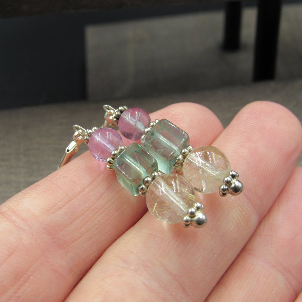 Sterling Quartz Jadeite Amethyst Stone Earrings - Picture 2 of 6